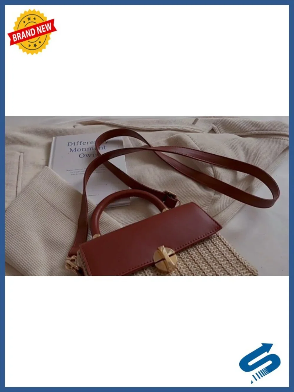 Woven Straw Crossbody Bag Women PU Leather Flap Box Purse Mini Satchel Travel